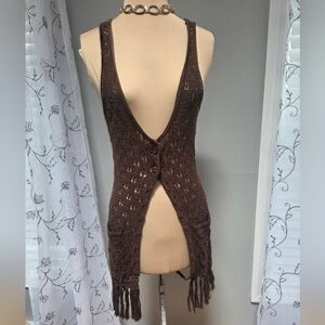 Boho vintage 70's style long duster festival vest Brown Crochet
